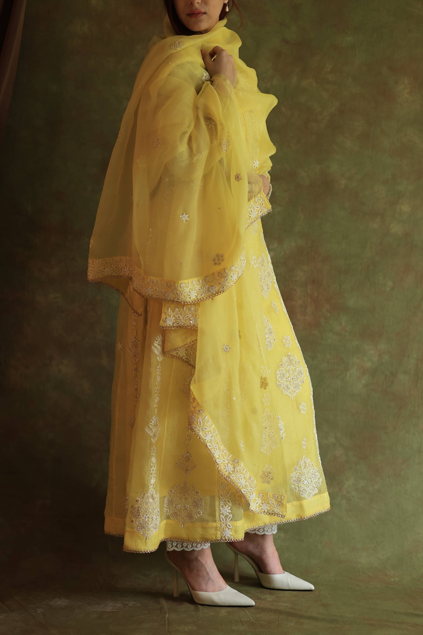 Yellow Noor Organza Chikankari Anarkali With Dupatta