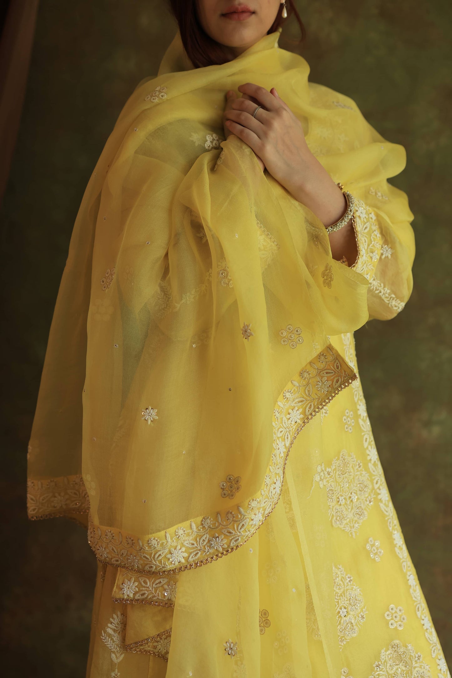 Yellow Noor Organza Chikankari Anarkali With Dupatta