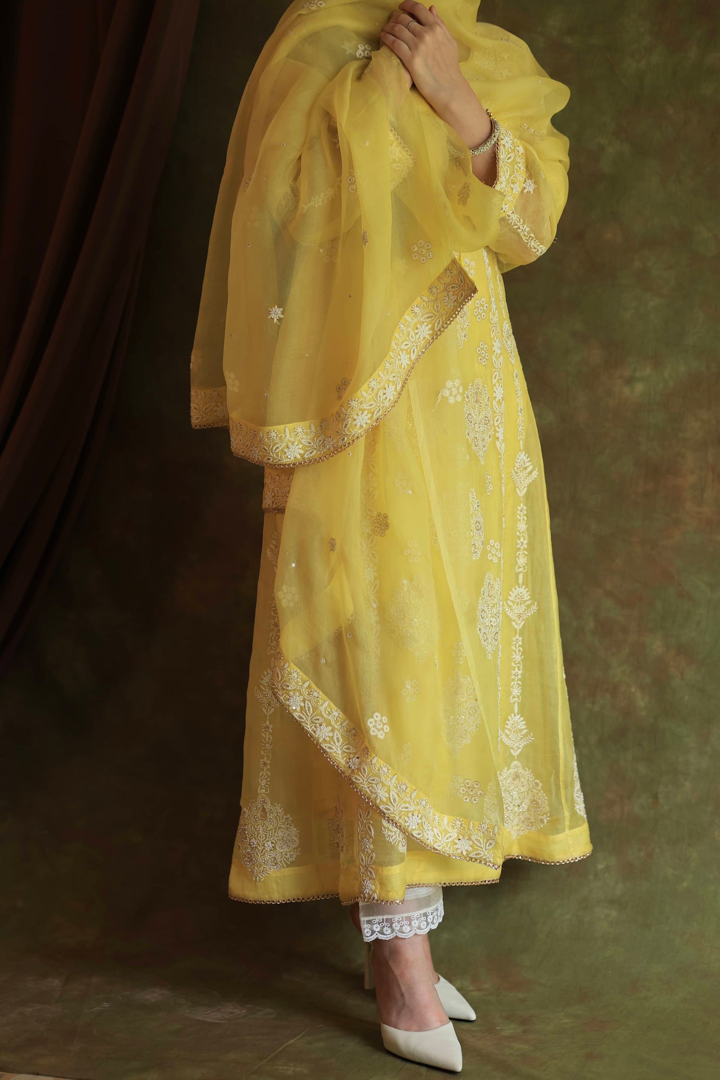 Yellow Noor Organza Chikankari Anarkali With Dupatta