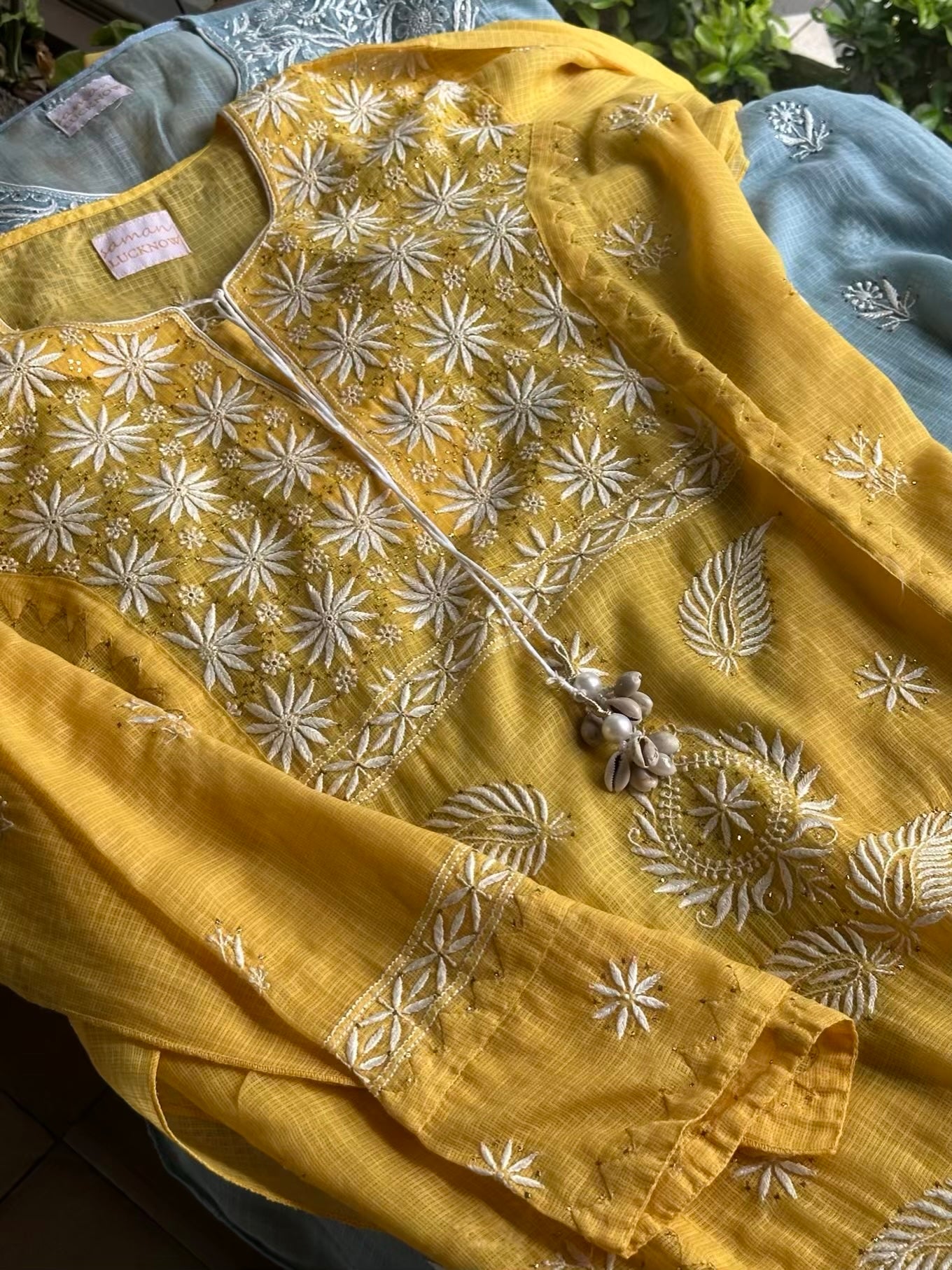 Yellow Semi Stitched Kota Chikankari Kurta Dupatta Set With All Over Mukaish Kamdani Work