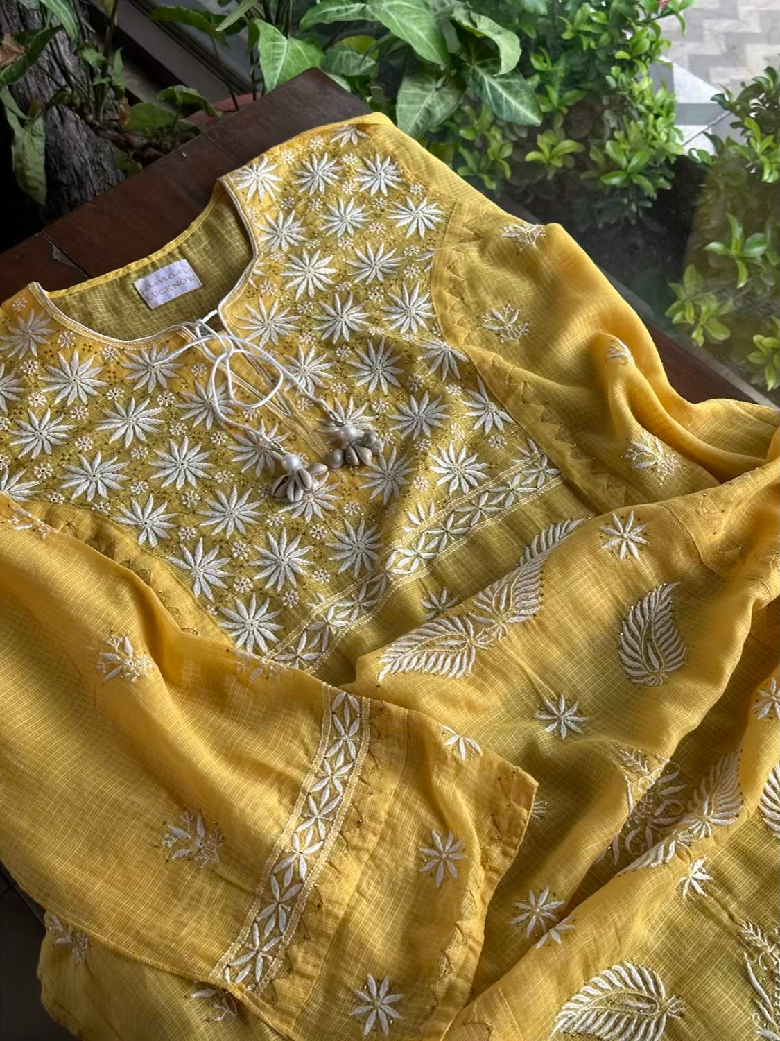 Yellow Semi Stitched Kota Chikankari Kurta Dupatta Set With All Over Mukaish Kamdani Work