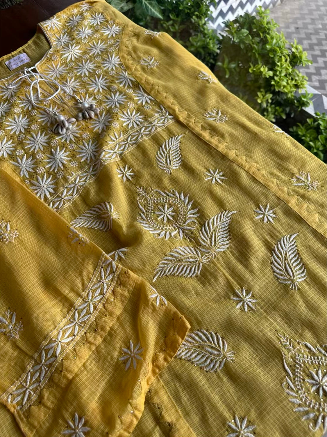 Yellow Semi Stitched Kota Chikankari Kurta Dupatta Set With All Over Mukaish Kamdani Work