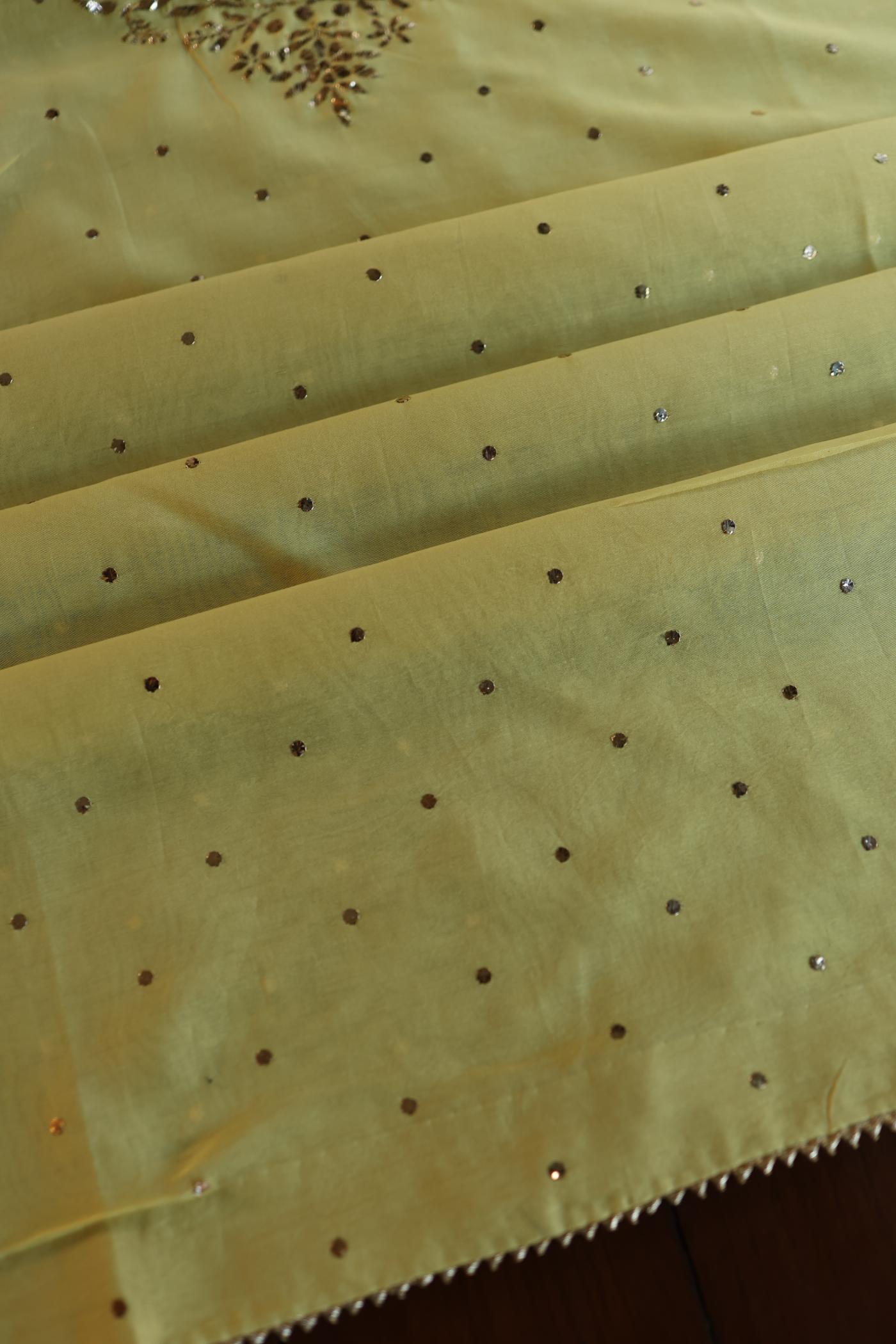 Yellow Shade Chanderi Silk Mukaish Badla Unstitched Fabric