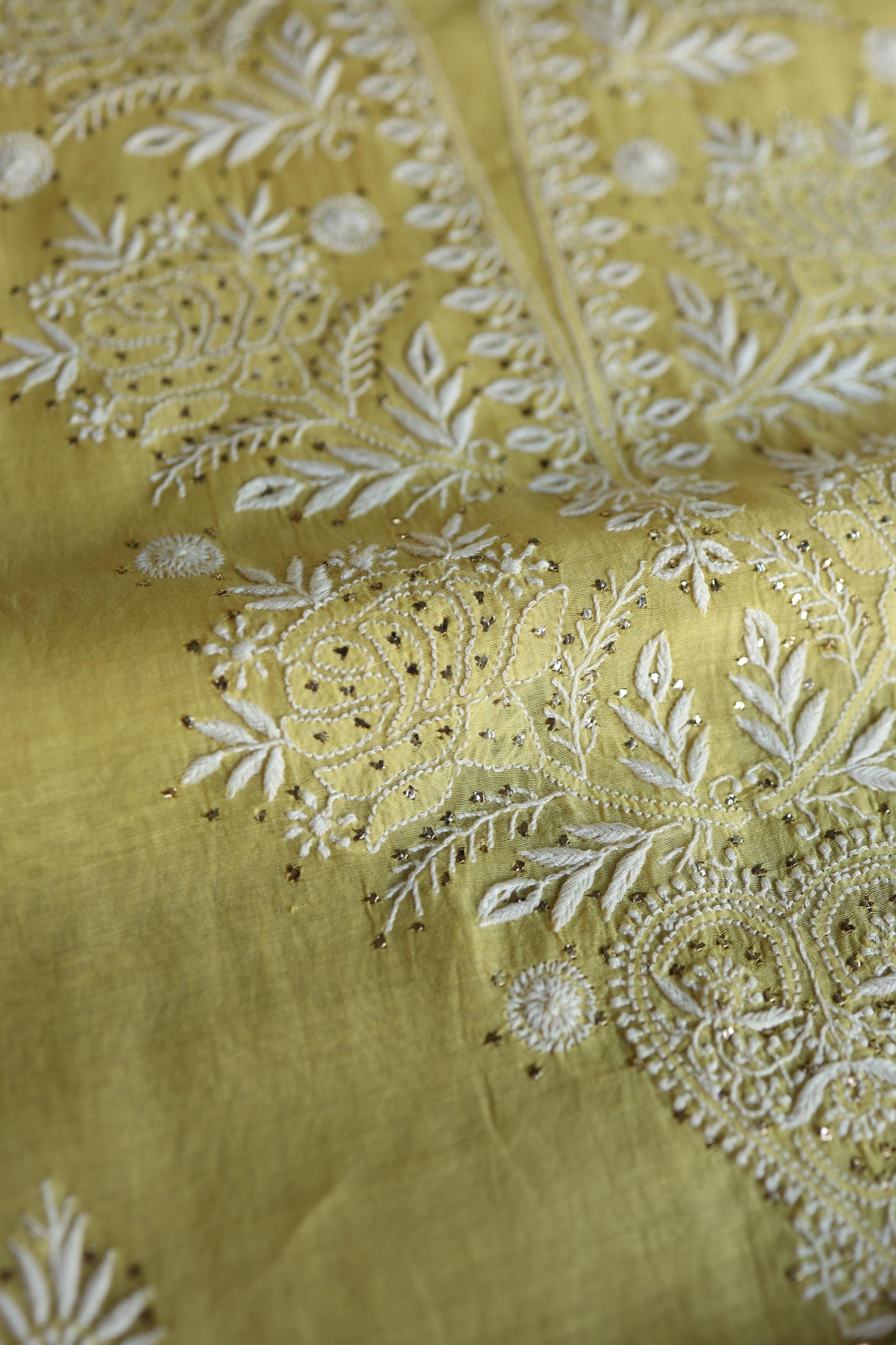 Yellow Shade Mal Cotton Fine Chikankari Unstitched Fabric