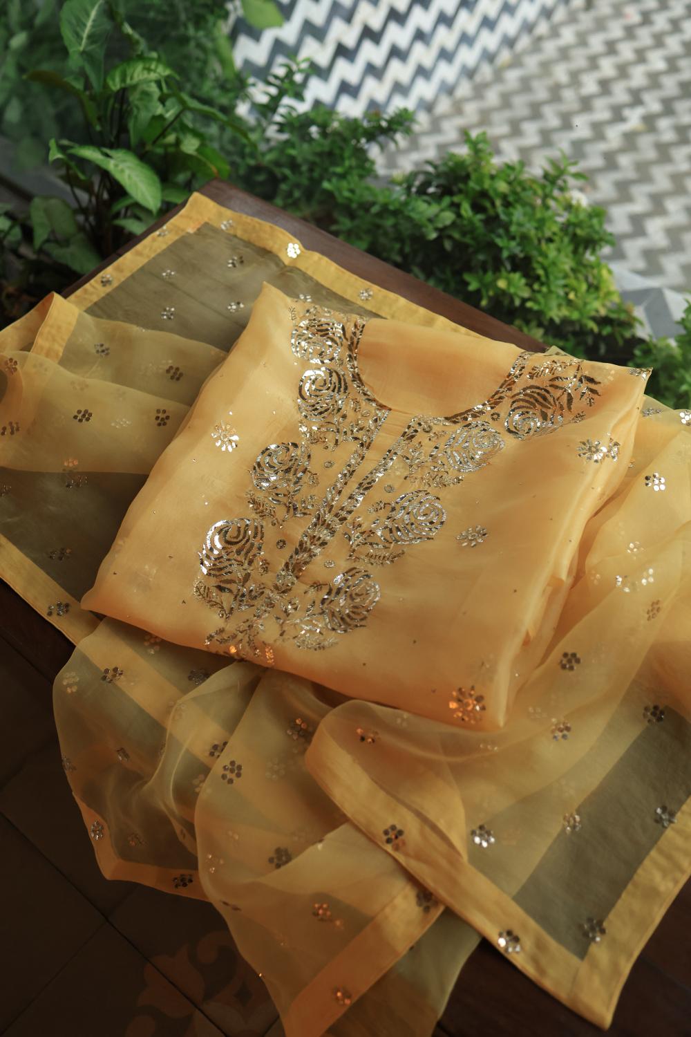 Yellow Shade Noor Organza Silk Chikankari Unstitched Kurta Dupatta Set
