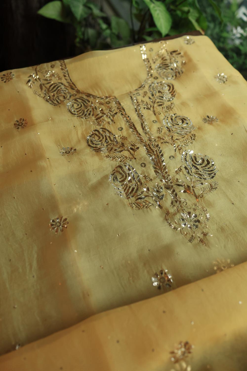 Yellow Shade Noor Organza Silk Chikankari Unstitched Kurta Dupatta Set