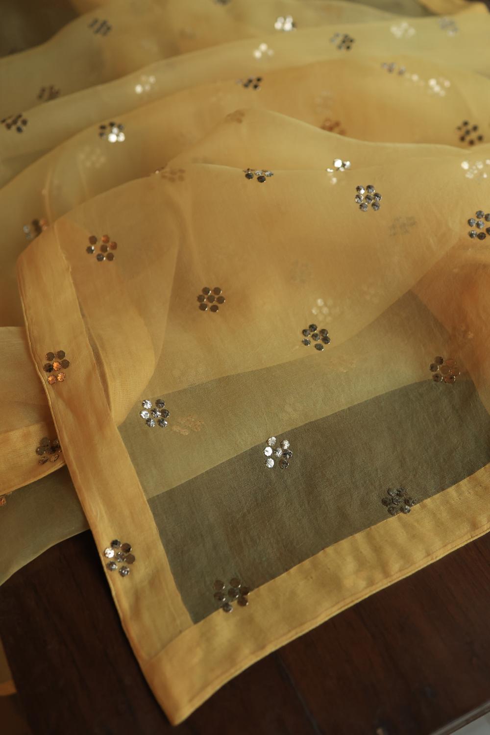 Yellow Shade Noor Organza Silk Chikankari Unstitched Kurta Dupatta Set