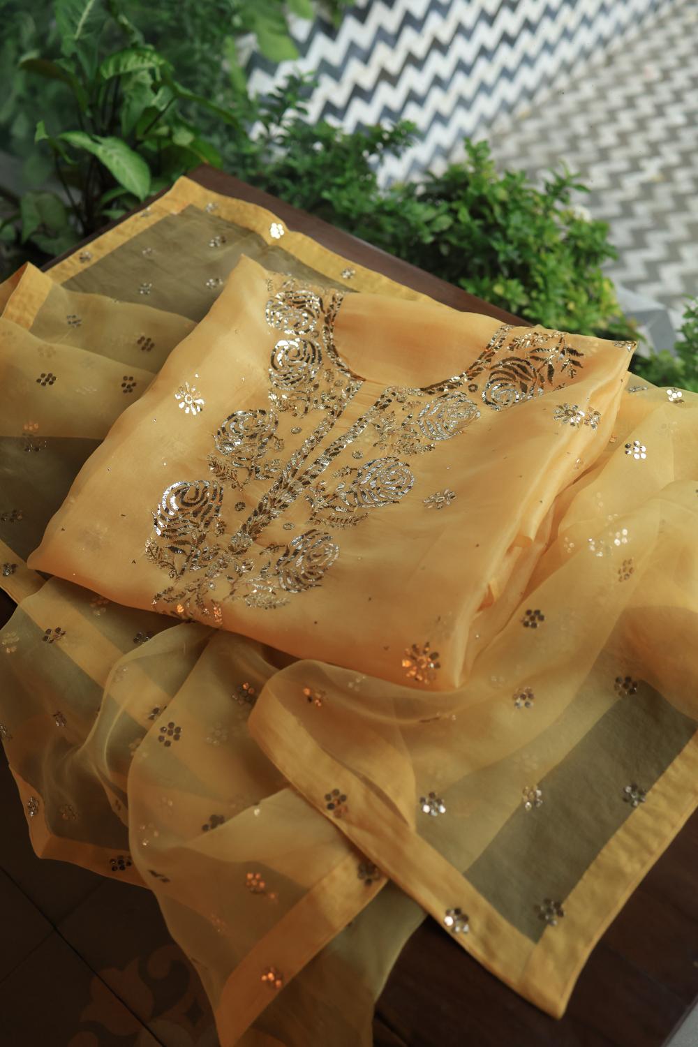 Yellow Shade Noor Organza Silk Chikankari Unstitched Kurta Dupatta Set