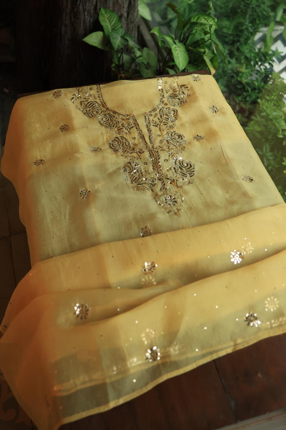 Yellow Shade Noor Organza Silk Chikankari Unstitched Kurta Dupatta Set