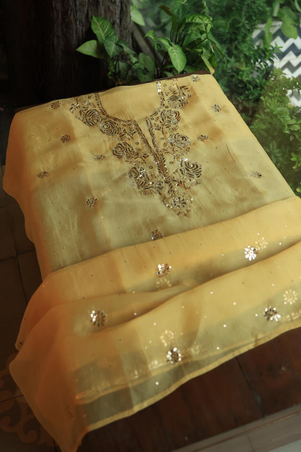 Yellow Shade Noor Organza Silk Chikankari Unstitched Kurta Dupatta Set