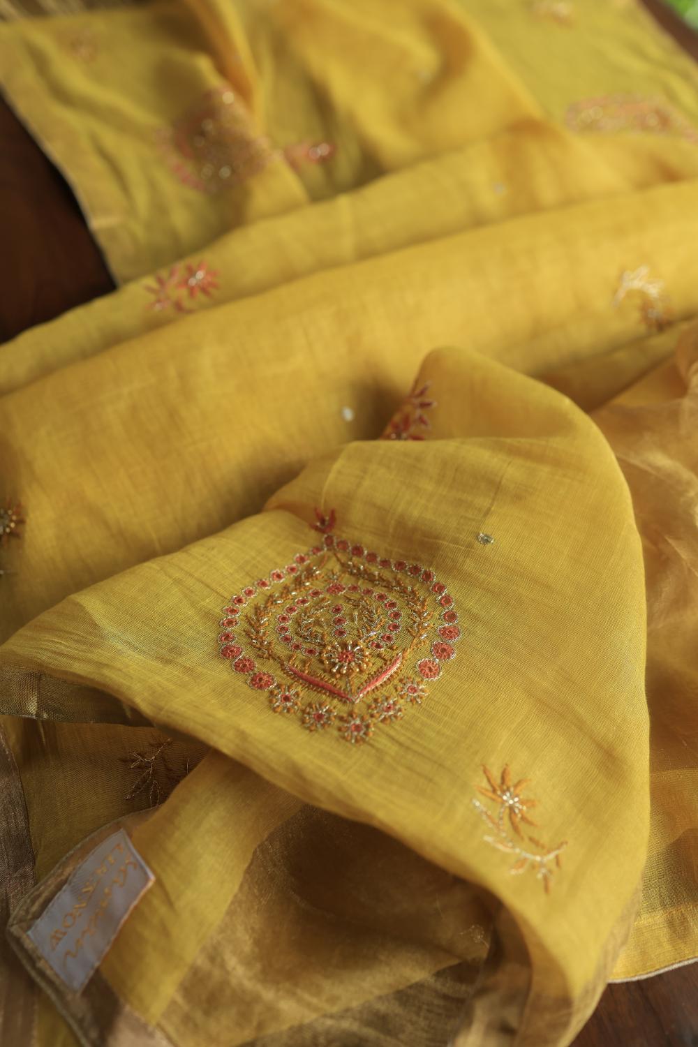 Yellow Tissue Silk Chikankari Unstitched Fabric