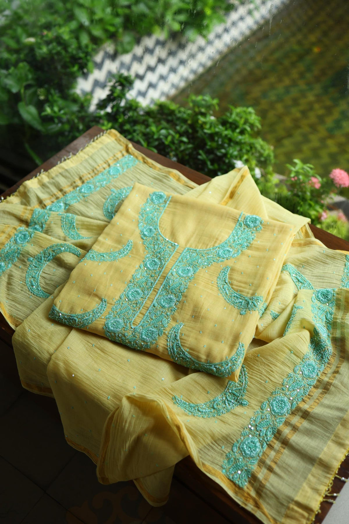 Yellow & Sea Green Shade Crescent Chandbala Chikankari Unstitched Fabric