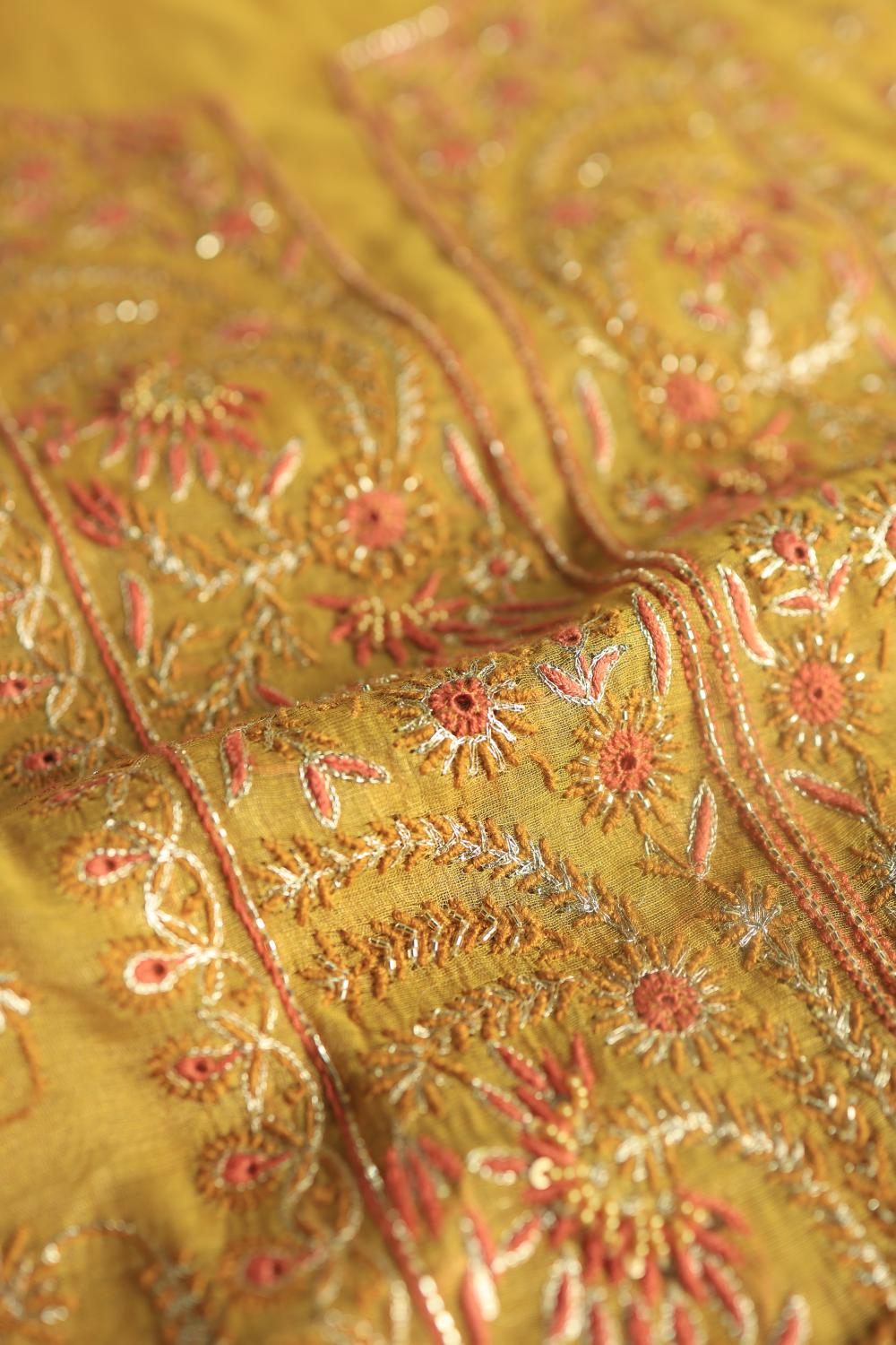 Yellow Tissue Silk Chikankari Unstitched Fabric