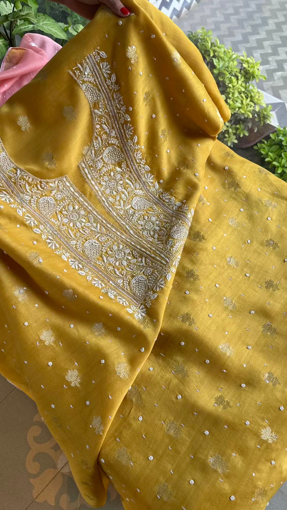 Yellow Banarasi Zari Chanderi Unstitched Chikankari Fabrics