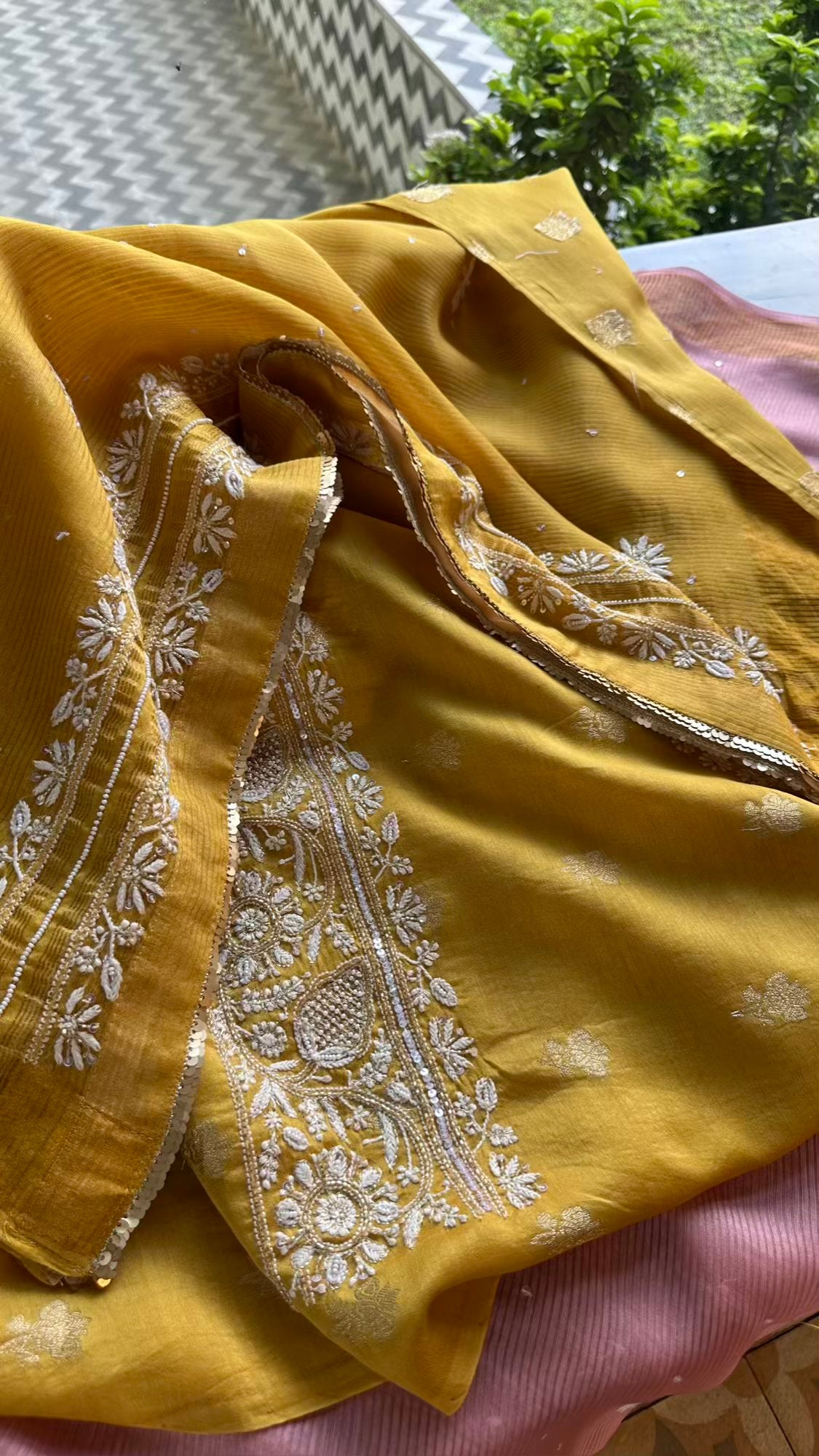 Yellow Banarasi Zari Chanderi Unstitched Chikankari Fabrics