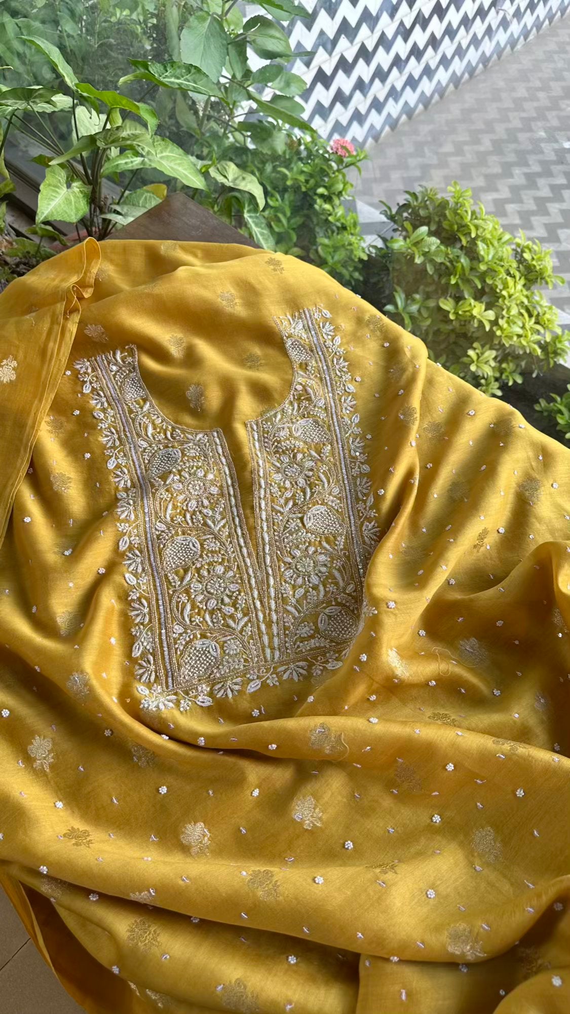 Yellow Banarasi Zari Chanderi Unstitched Chikankari Fabrics