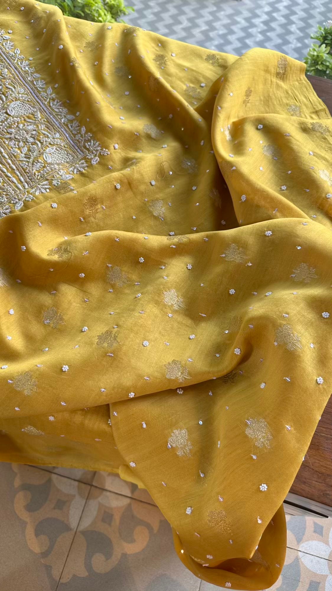 Yellow Banarasi Zari Chanderi Unstitched Chikankari Fabrics