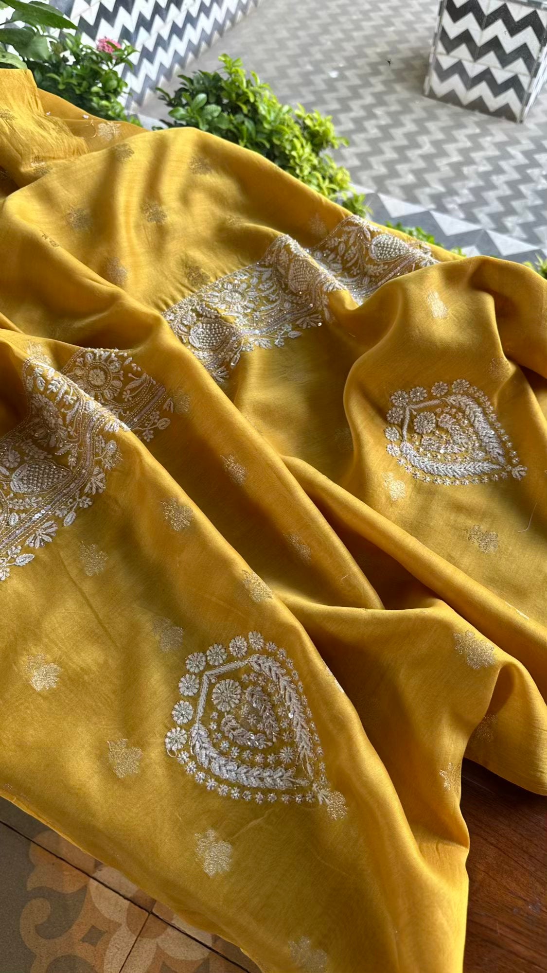 Yellow Banarasi Zari Chanderi Unstitched Chikankari Fabrics