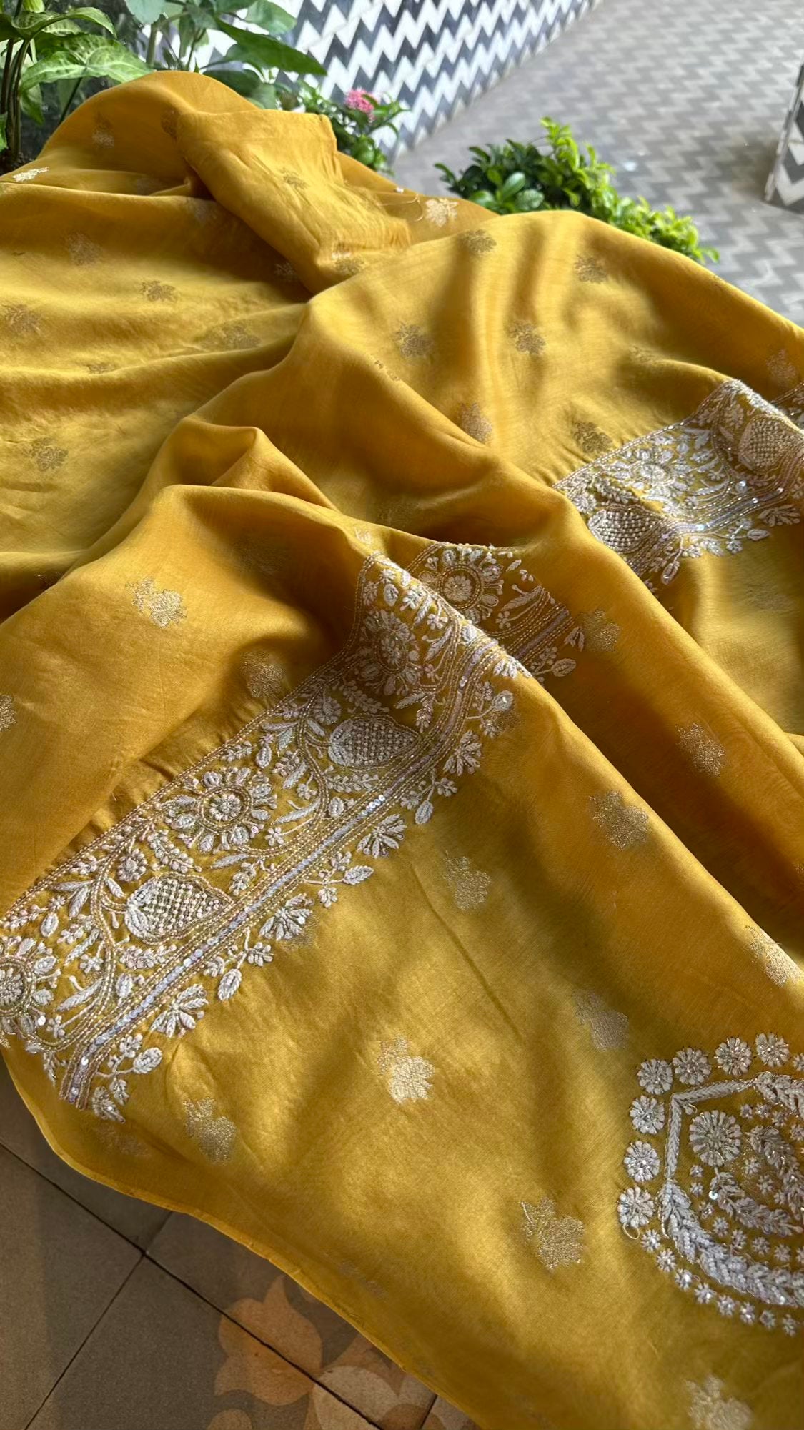 Yellow Banarasi Zari Chanderi Unstitched Chikankari Fabrics