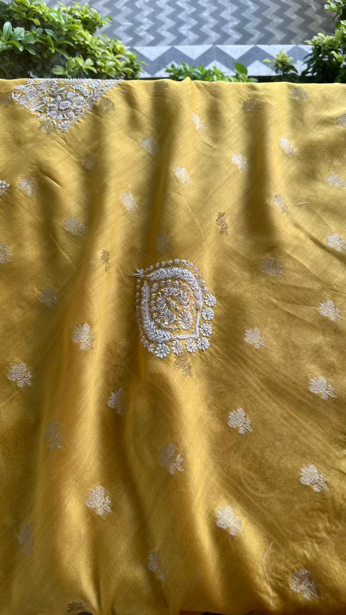 Yellow Banarasi Zari Chanderi Unstitched Chikankari Fabrics
