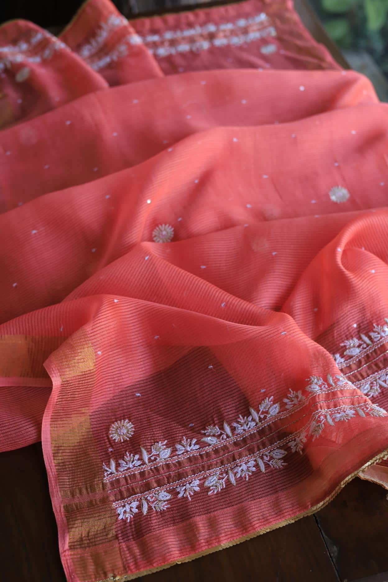Carrot Pink Banarasi Zari Chanderi Unstitched Chikankari Fabrics