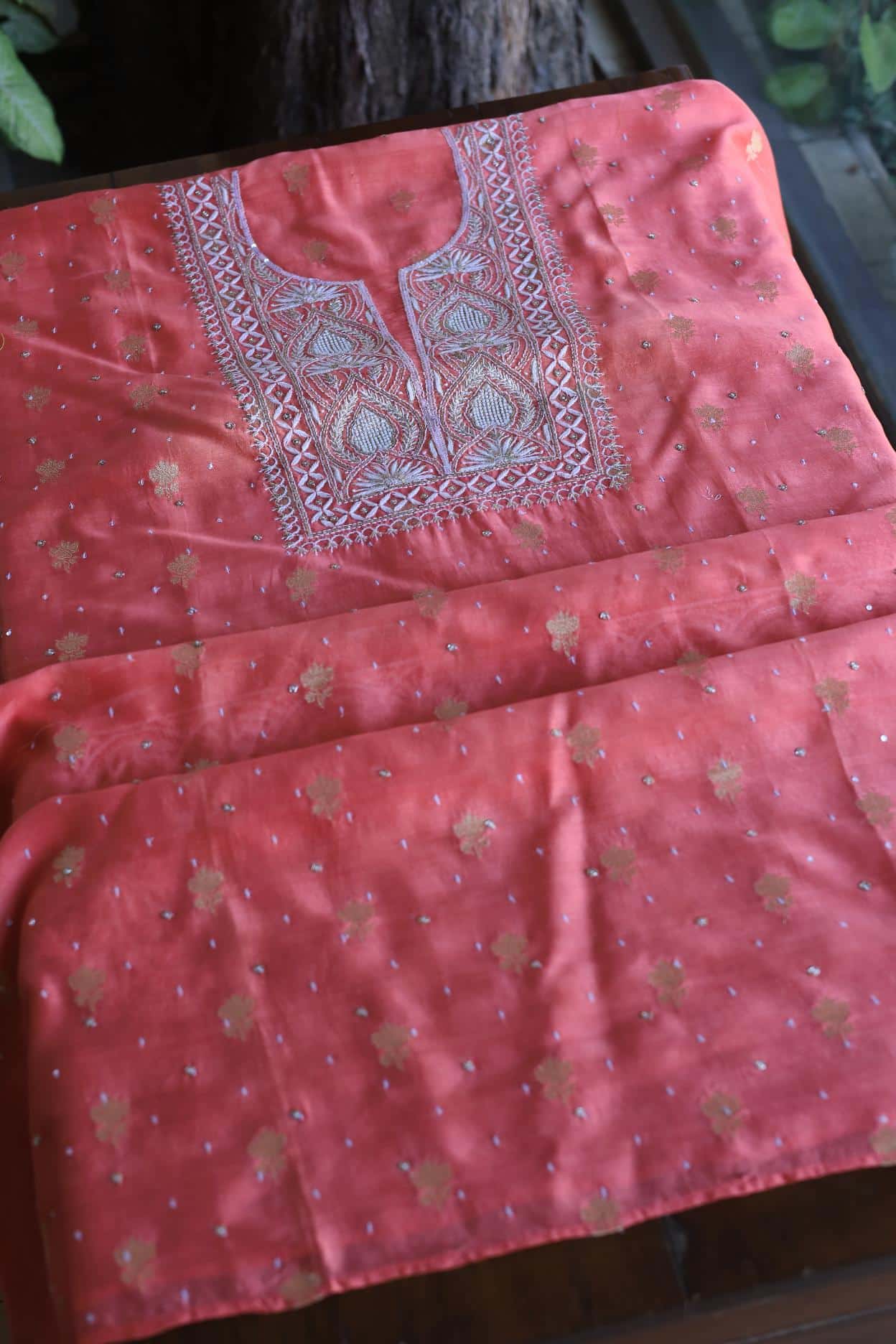 Carrot Pink Banarasi Zari Chanderi Unstitched Chikankari Fabrics