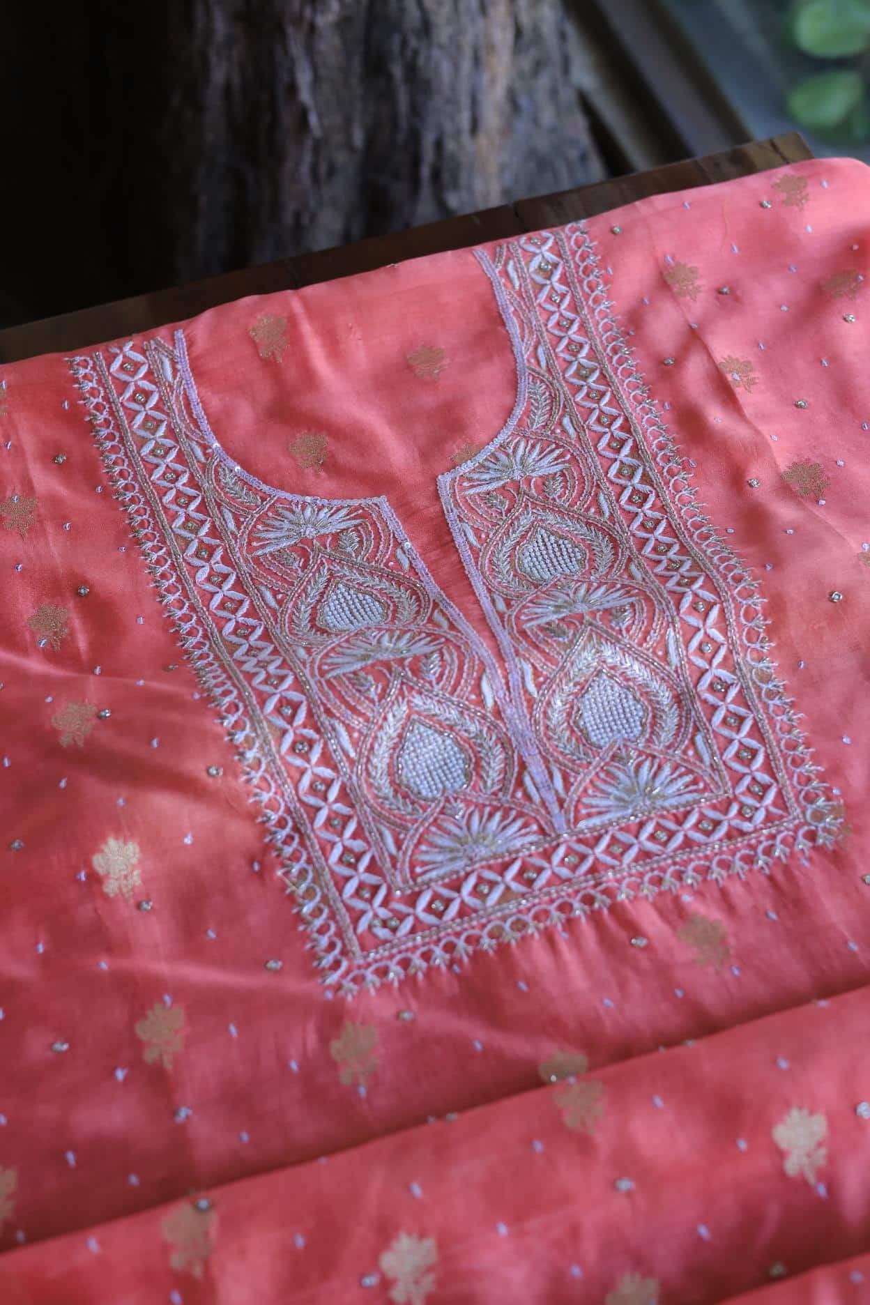 Carrot Pink Banarasi Zari Chanderi Unstitched Chikankari Fabrics
