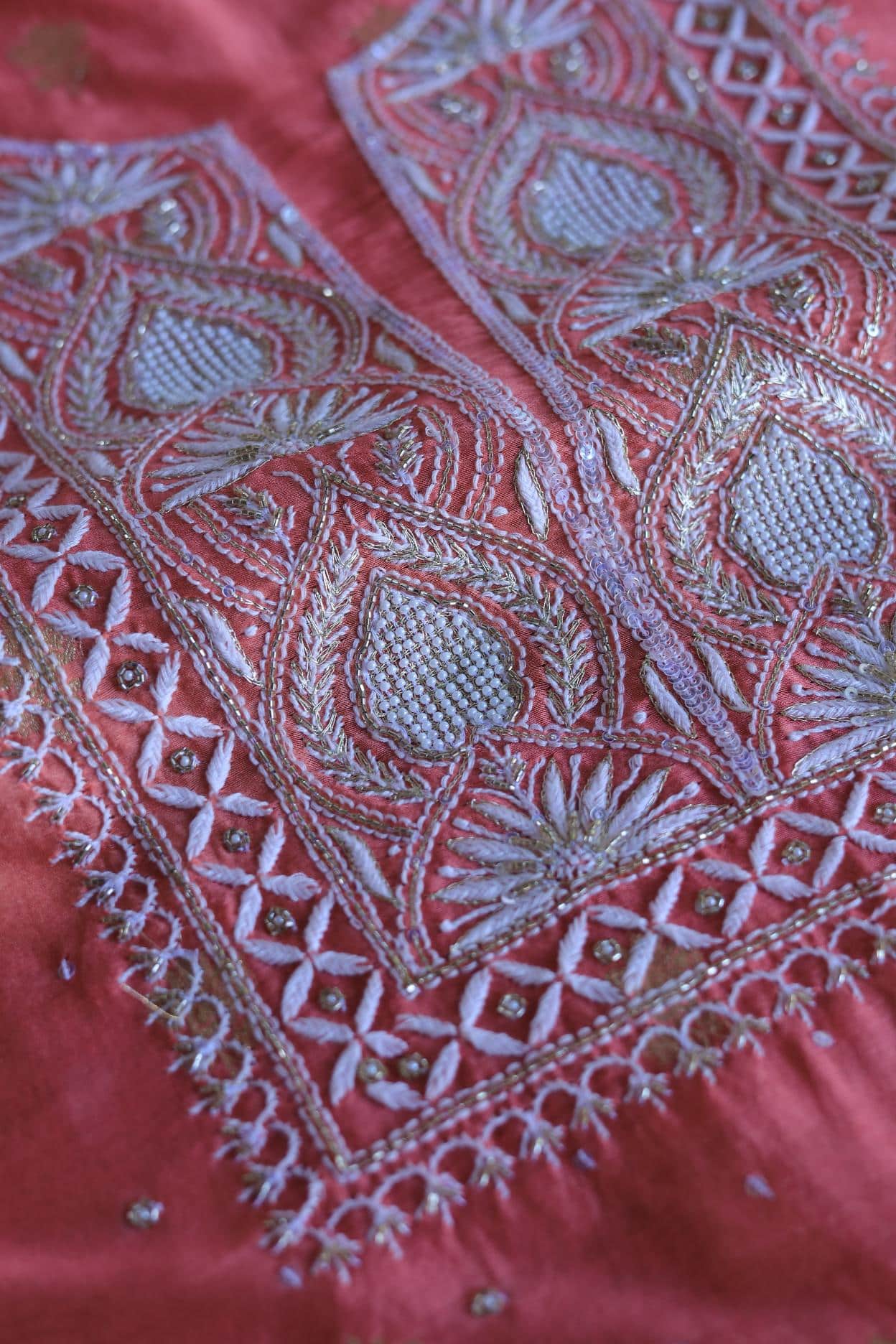 Carrot Pink Banarasi Zari Chanderi Unstitched Chikankari Fabrics