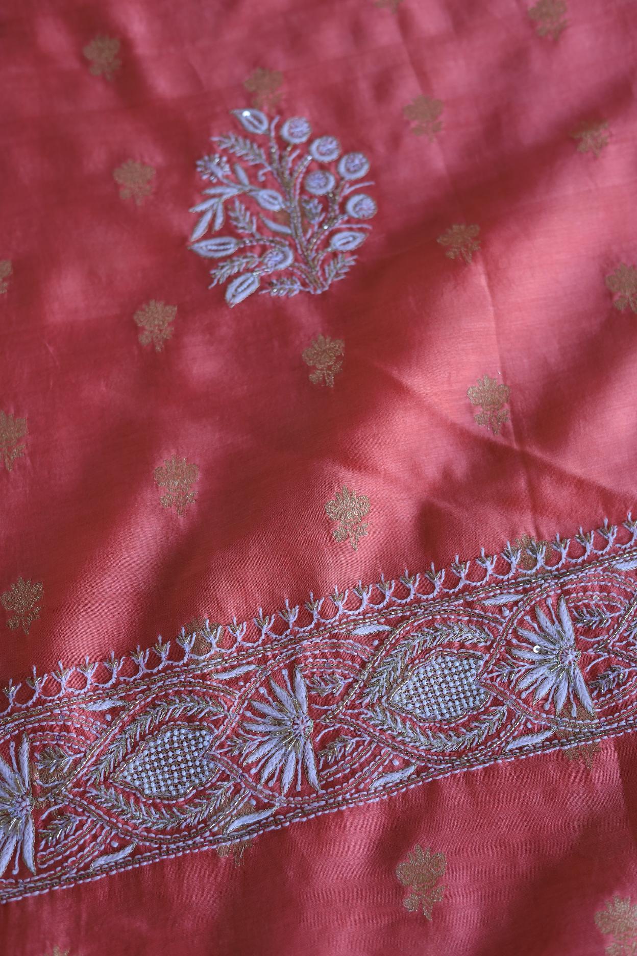 Carrot Pink Banarasi Zari Chanderi Unstitched Chikankari Fabrics