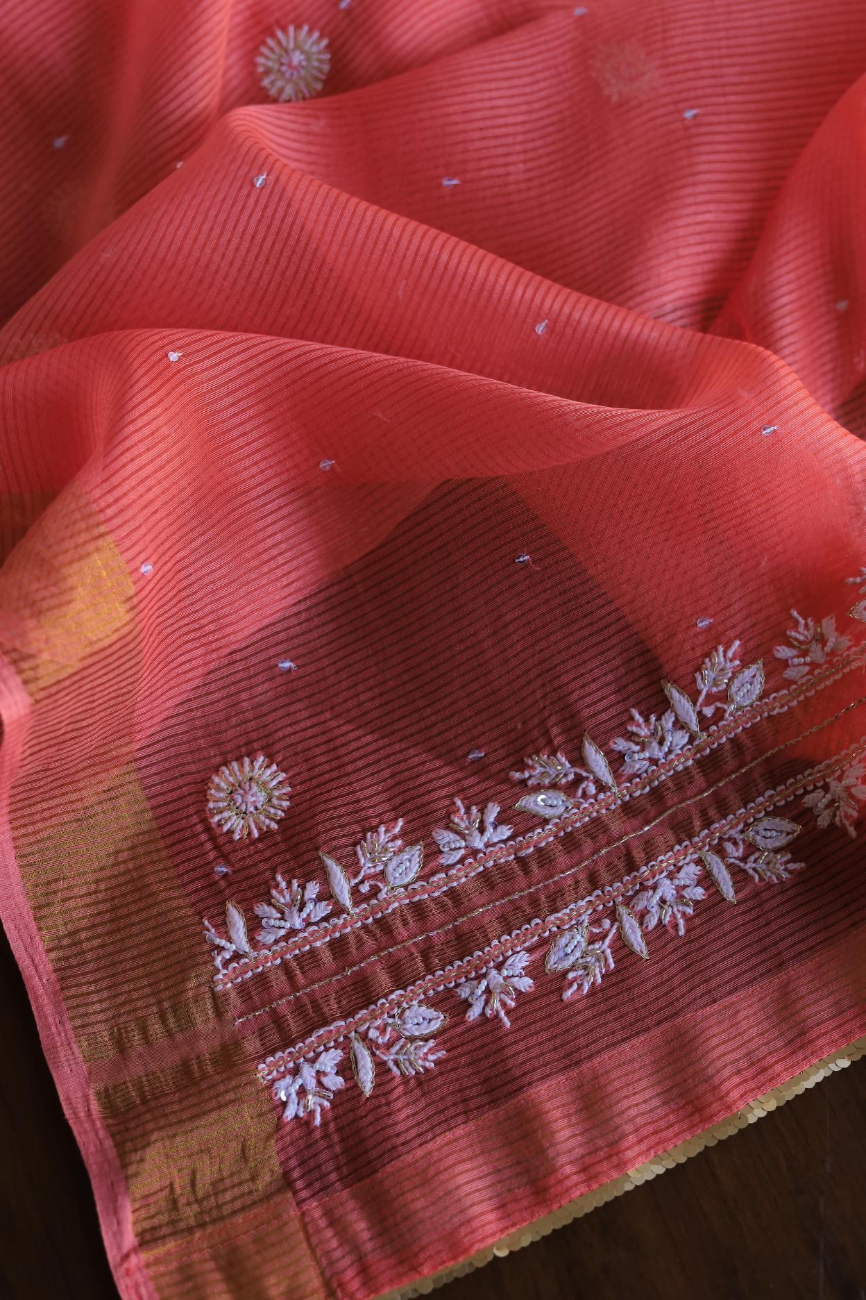 Carrot Pink Banarasi Zari Chanderi Unstitched Chikankari Fabrics