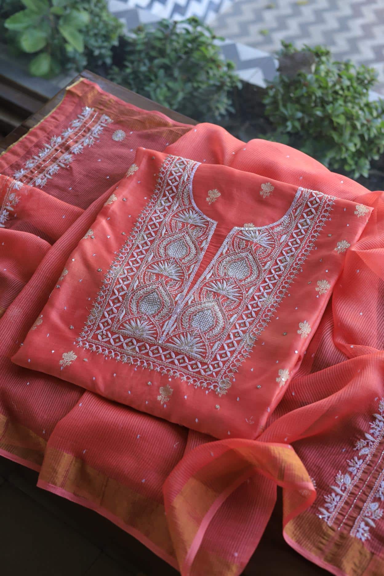 Carrot Pink Banarasi Zari Chanderi Unstitched Chikankari Fabrics