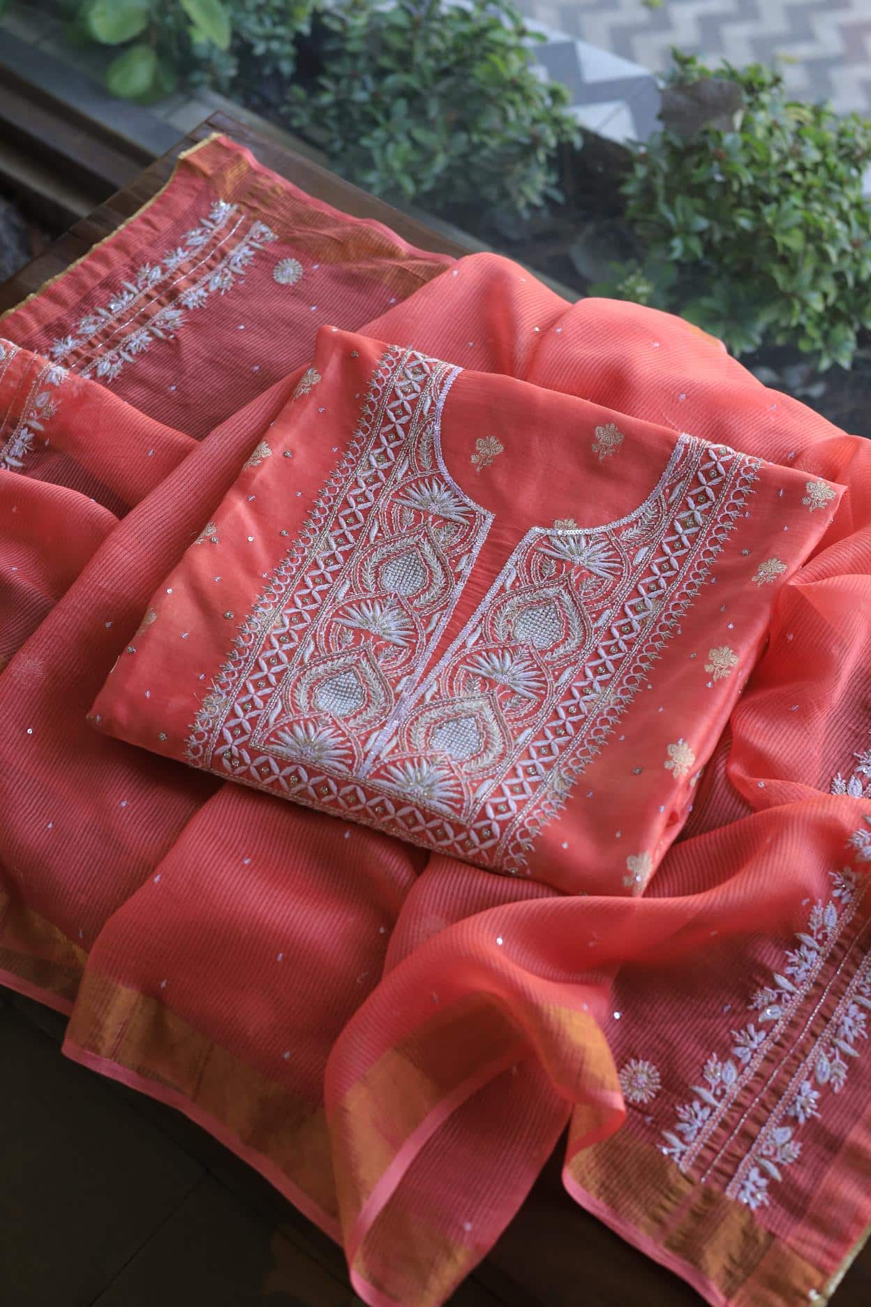 Carrot Pink Banarasi Zari Chanderi Unstitched Chikankari Fabrics