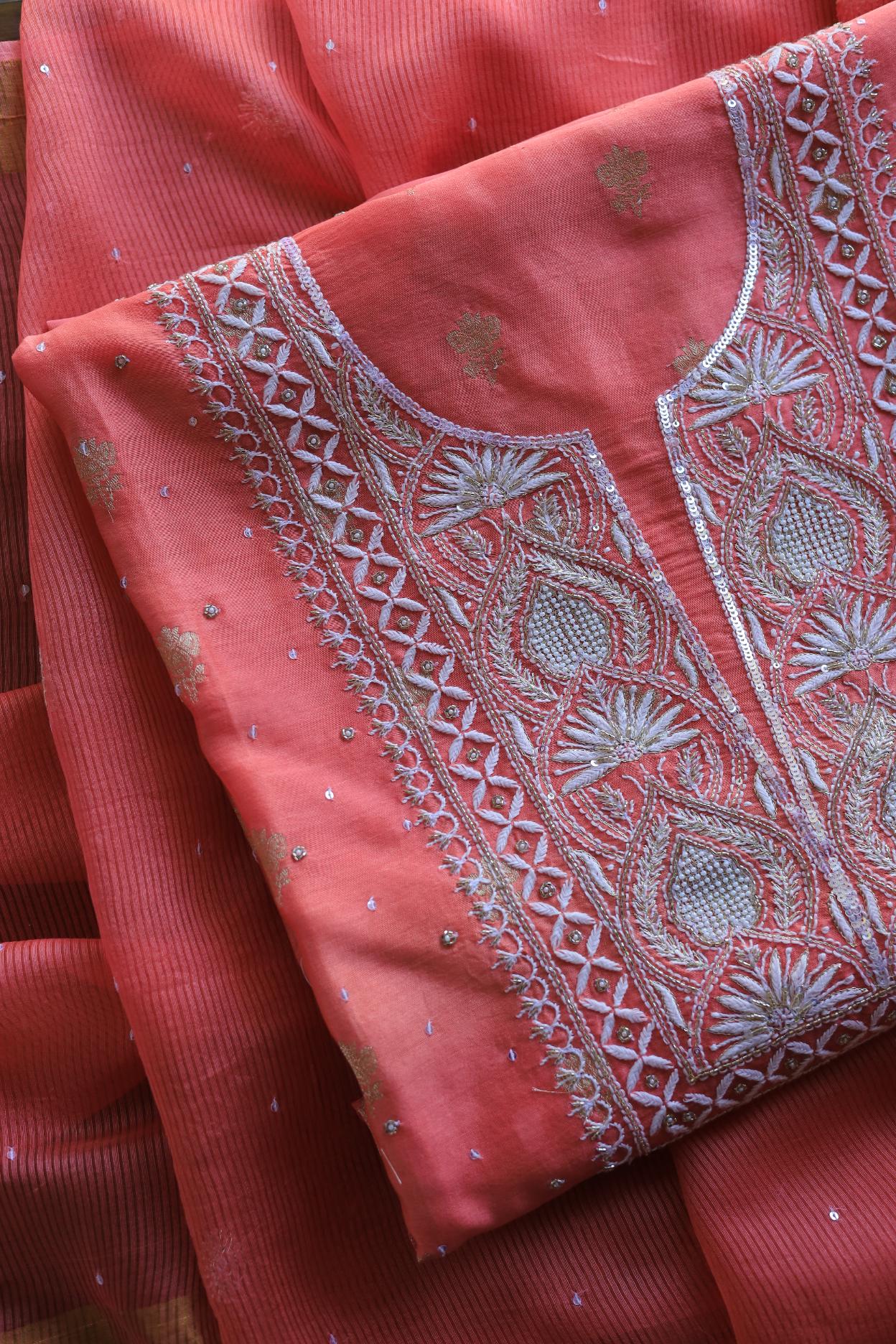 Carrot Pink Banarasi Zari Chanderi Unstitched Chikankari Fabrics
