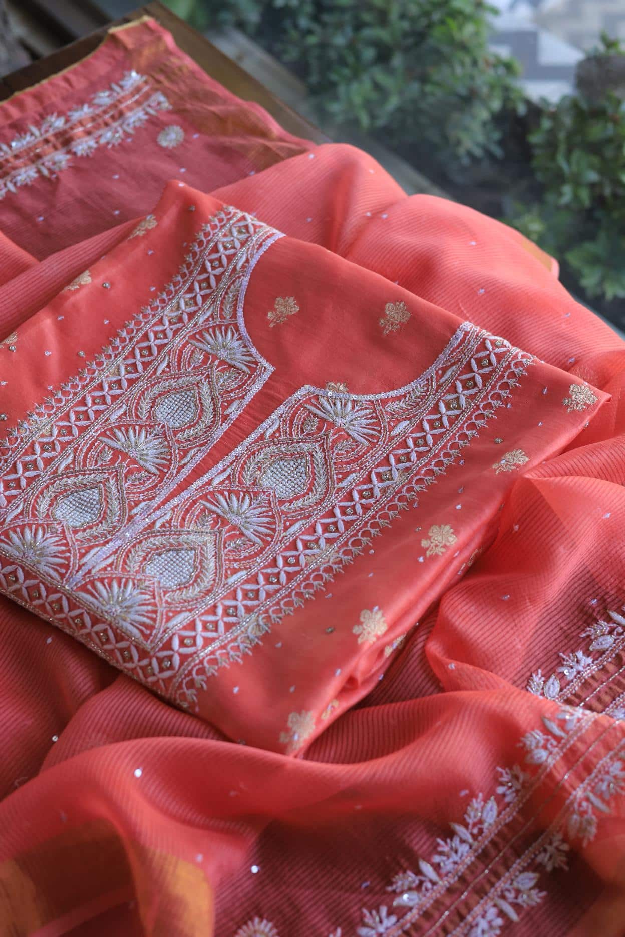 Carrot Pink Banarasi Zari Chanderi Unstitched Chikankari Fabrics