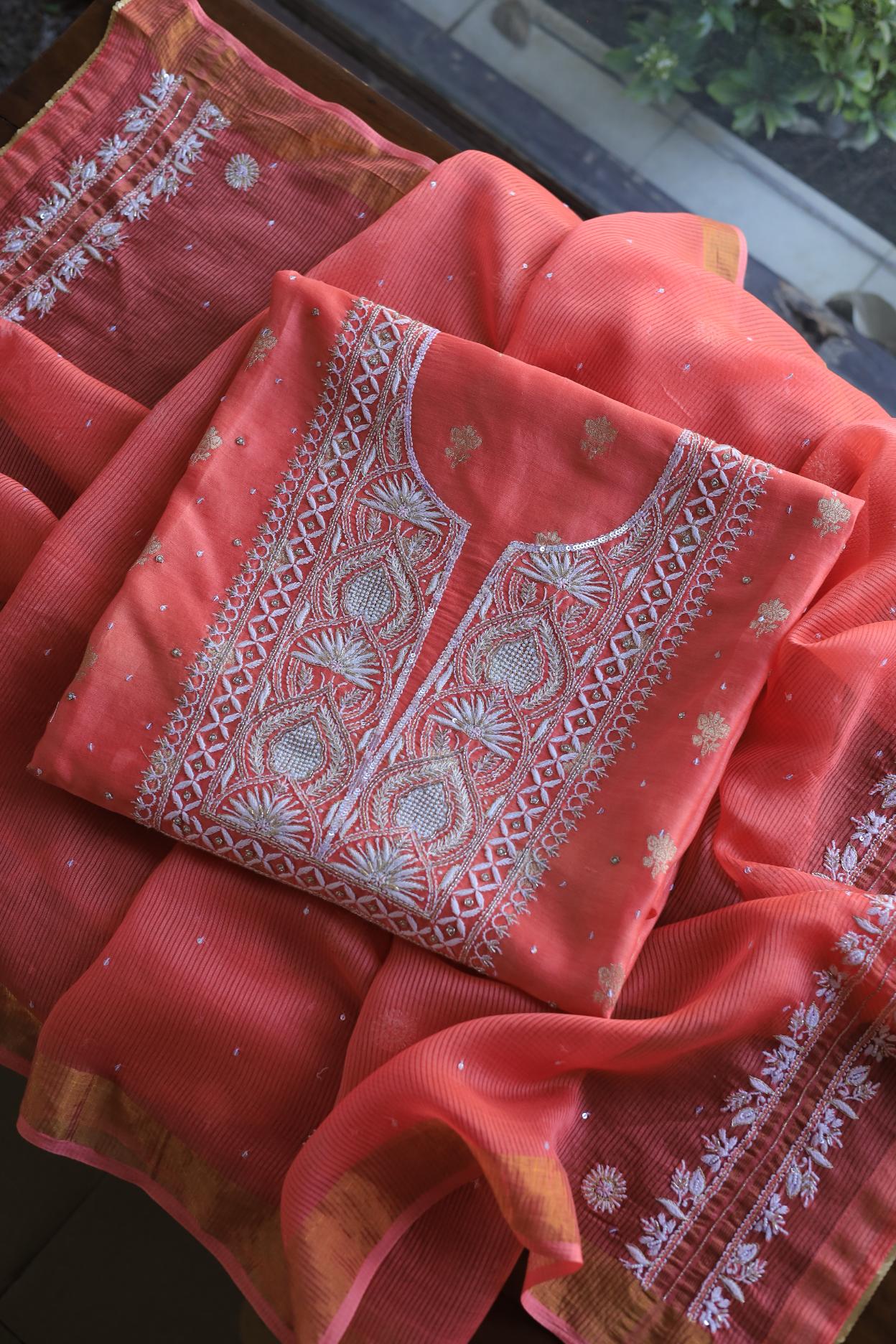 Carrot Pink Banarasi Zari Chanderi Unstitched Chikankari Fabrics