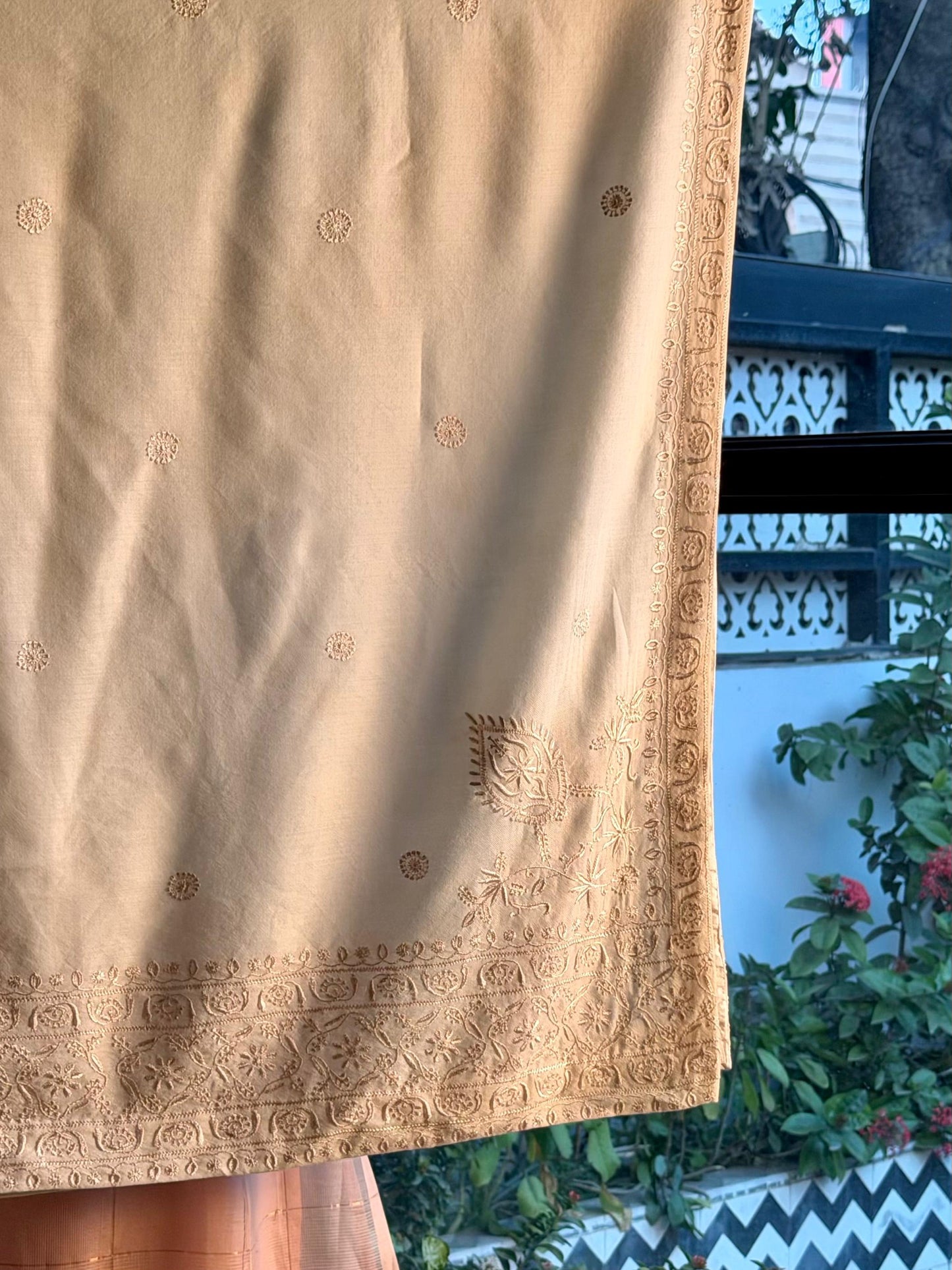 Natural Beige Shade Saman Pashmina Resham Thread Fine Chikankari Shawl