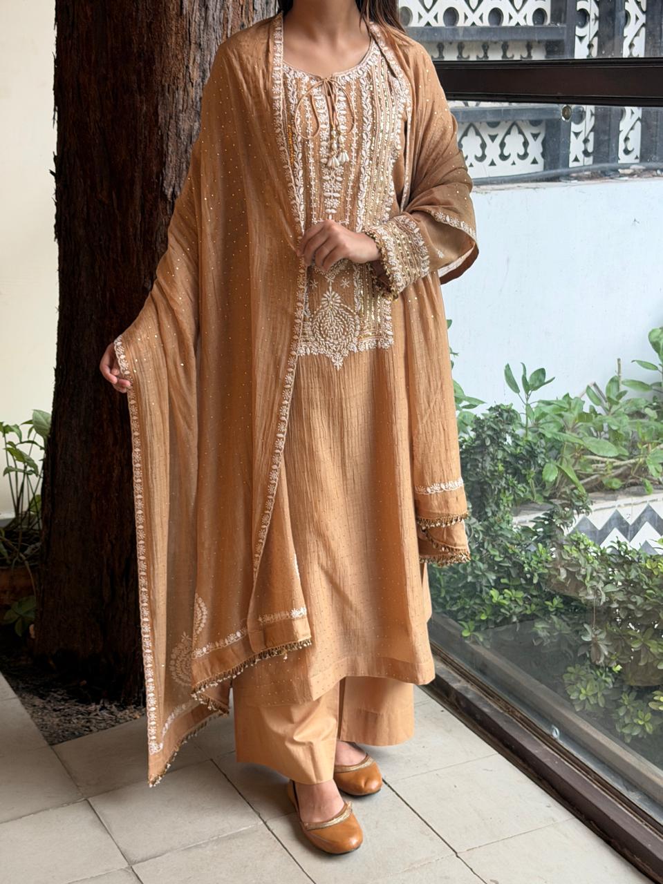 Crush Mul Heavy Chikankari Yoke Kurta Set