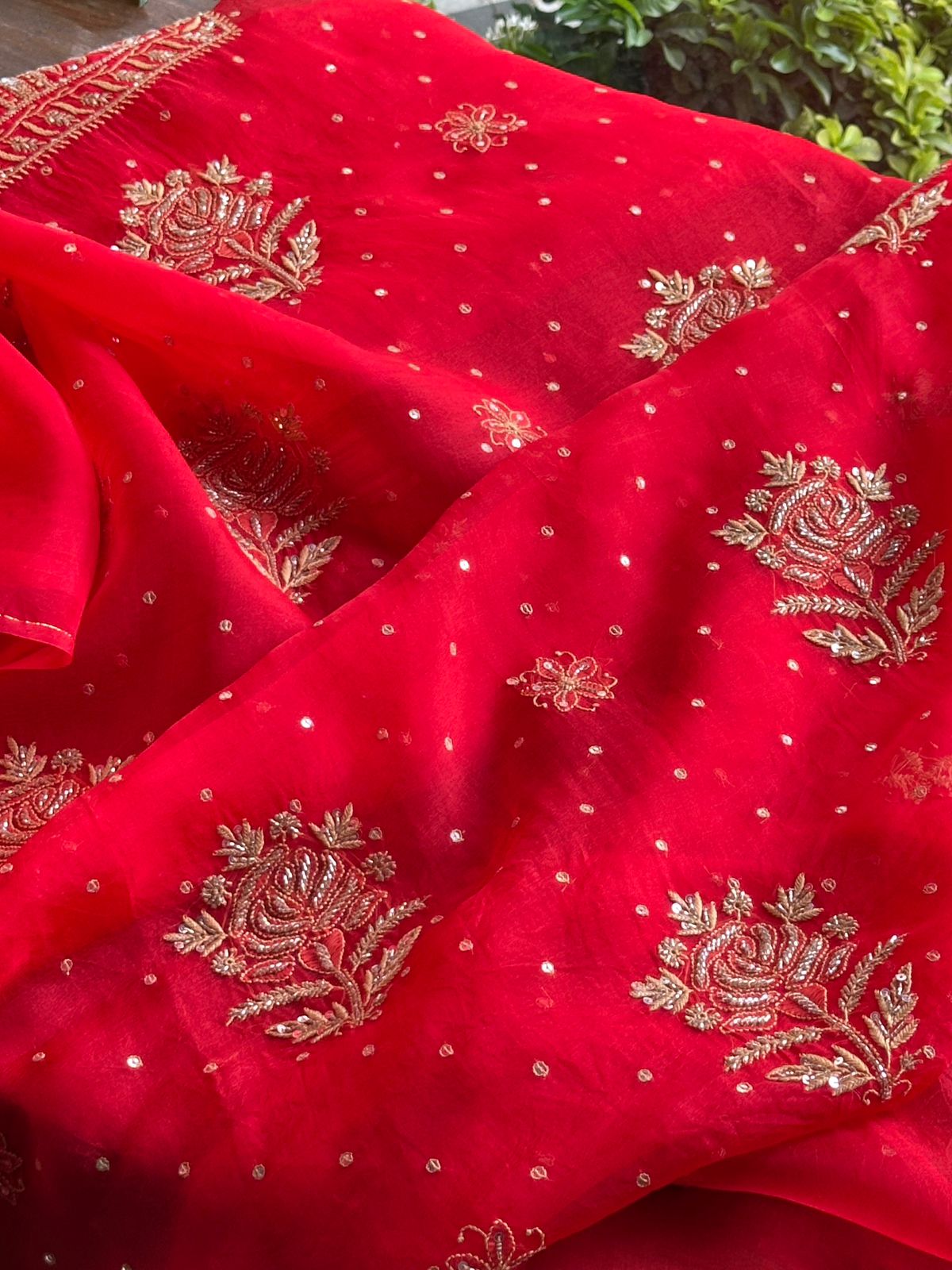Red Noor Organza Silk Chikankari Unstitched Kurta Dupatta Set