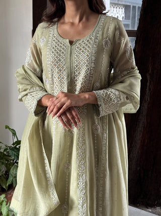 Pistachio Green Shade Malmal Pearl Work Chikankari Anarkali