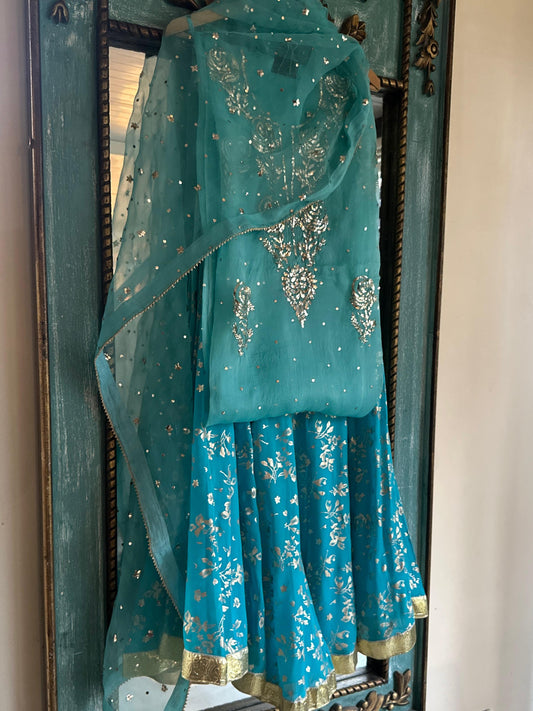 Aqua Blue Foil Print Organza Chikankari Sharara Set