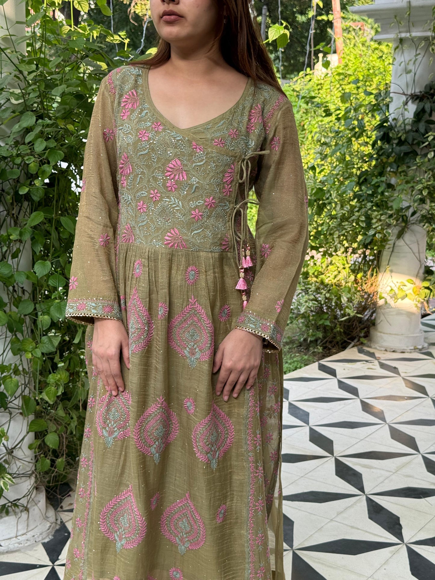 Mehndi Green Tissue Silk Chikankari Angarkha
