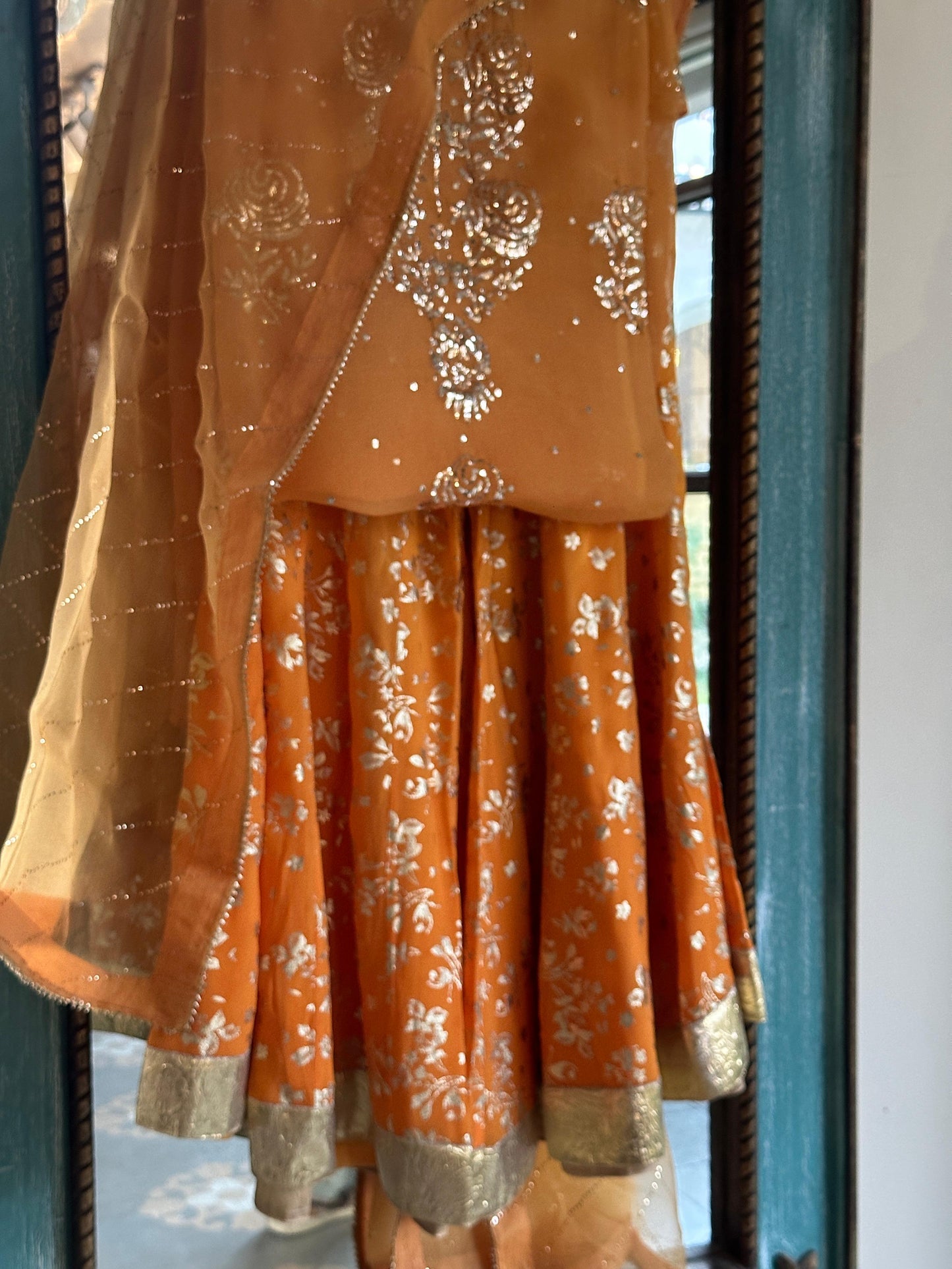 Saffron Shade Foil Print Organza Chikankari Sharara Set