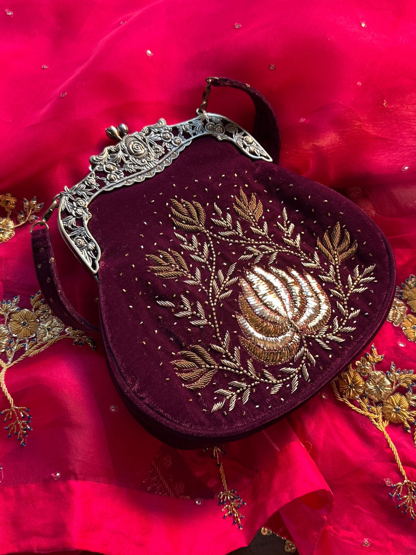 Burgundy Shade Velvet Ari Mukaish Zardosi Sling Bag
