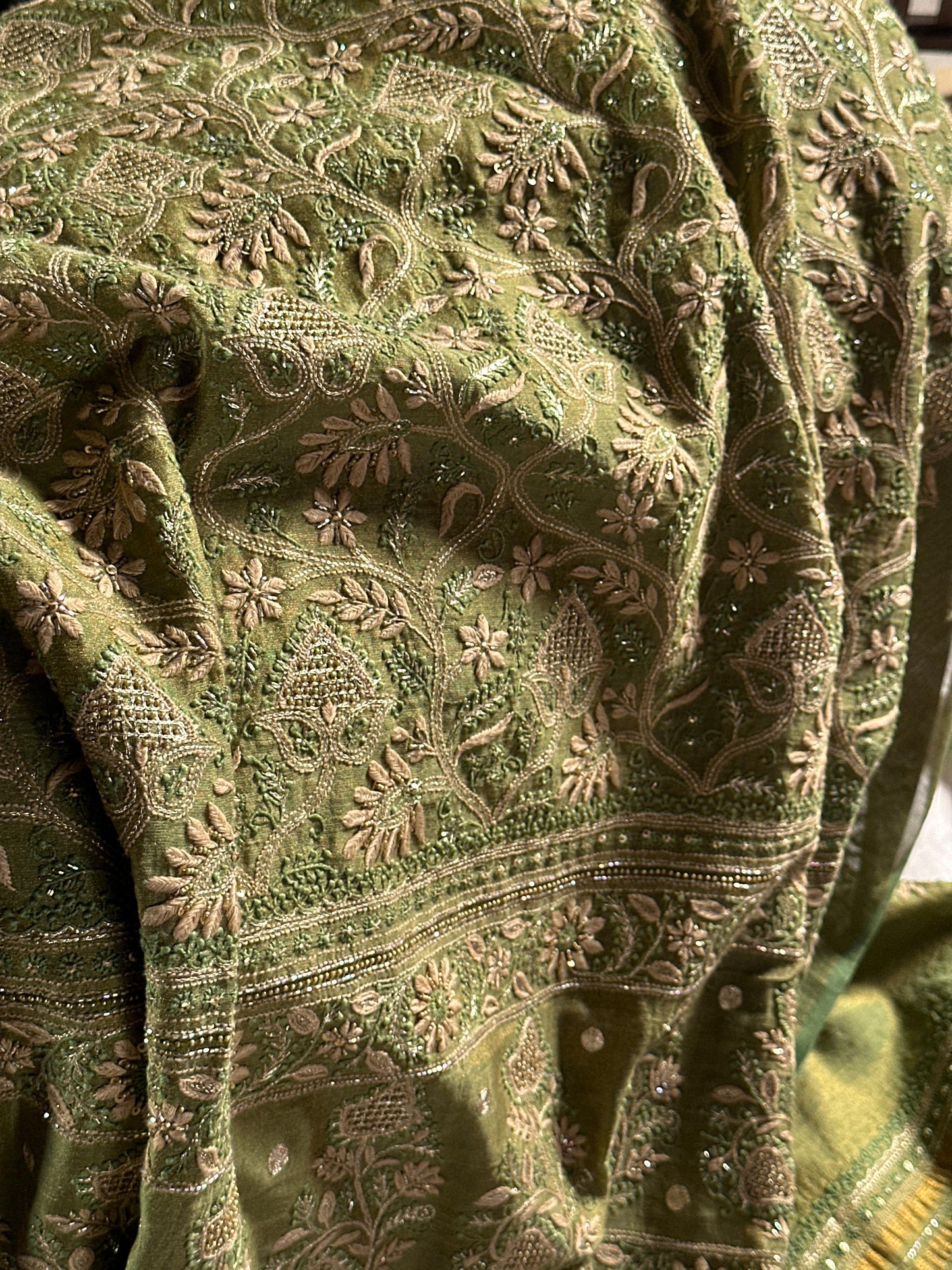 Green Tissue Silk Chikankari Unstitched Fabric