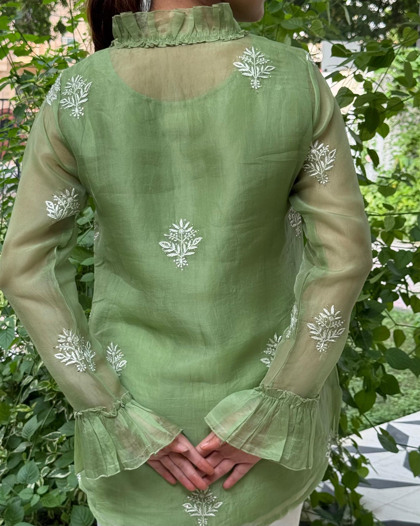 Pista Green Noor Organza Frill Lace With Resham Chikankari Short Top