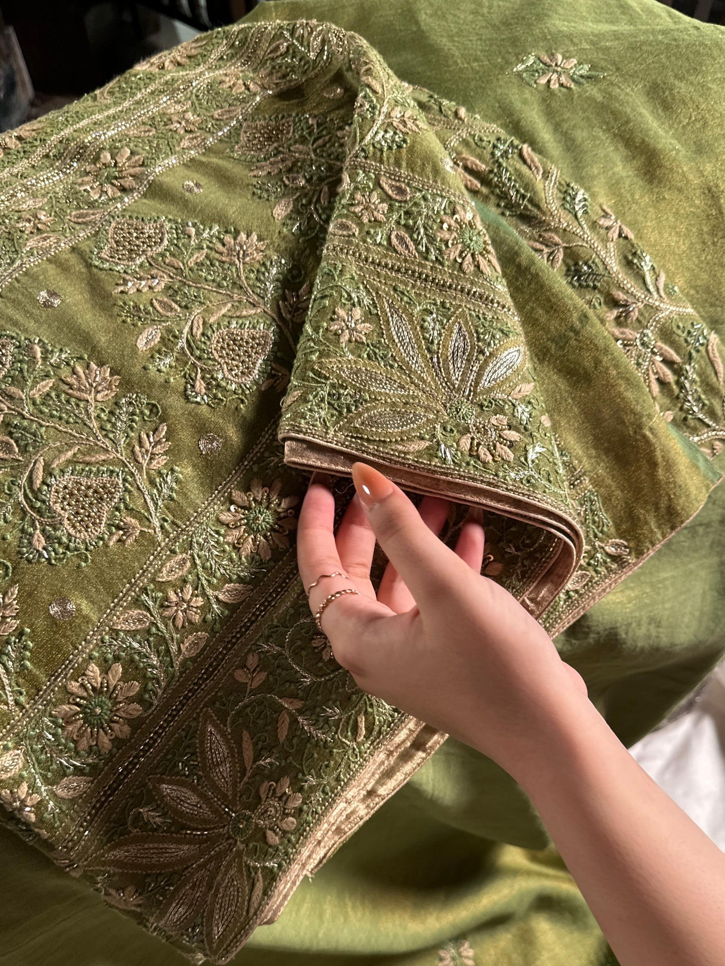 Green Tissue Silk Chikankari Unstitched Fabric