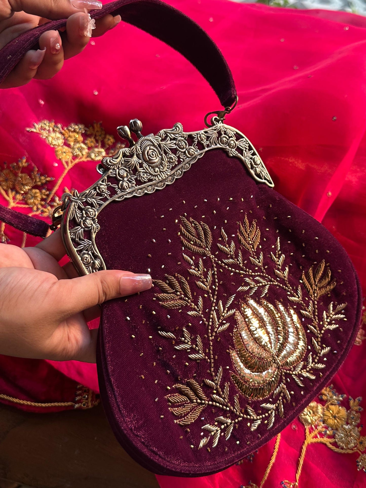 Burgundy Shade Velvet Ari Mukaish Zardosi Sling Bag