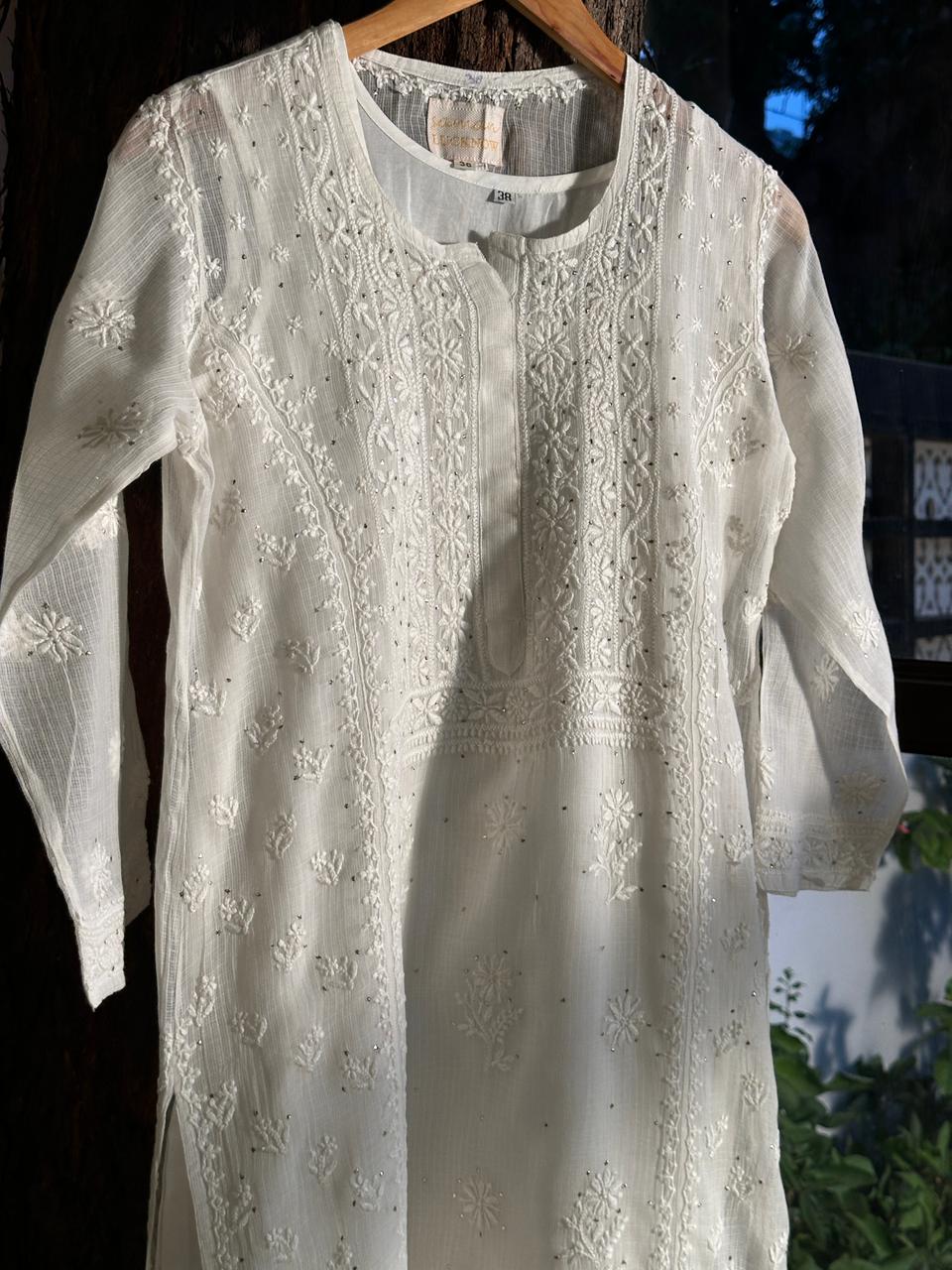 White Floral Kota Chikankari Ready To Wear Straight Kurta With Slip
