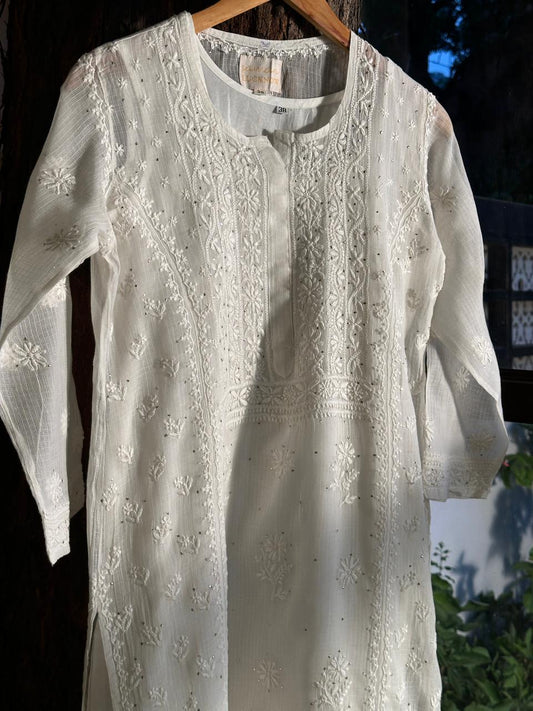 White Floral Kota Chikankari Ready To Wear Straight Kurta With Slip