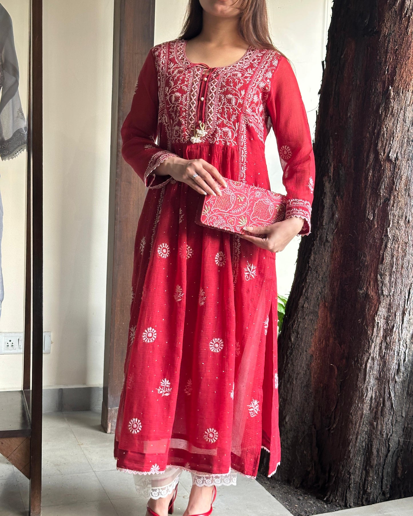 Red Kota Chikankari with Mukaish Kamdani Tunics